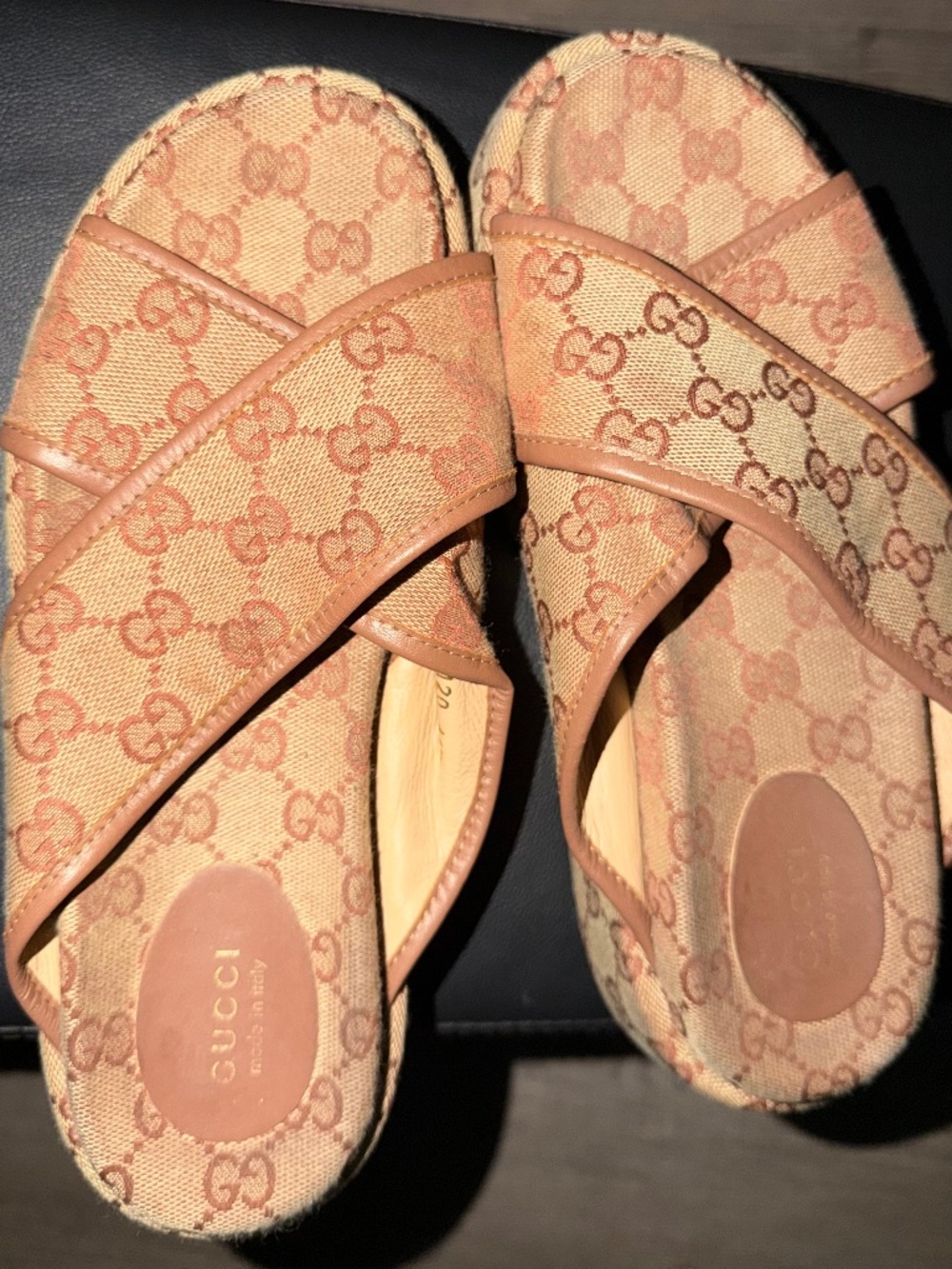 Gucci Beige & Tan GG Canvas Slide Sandals